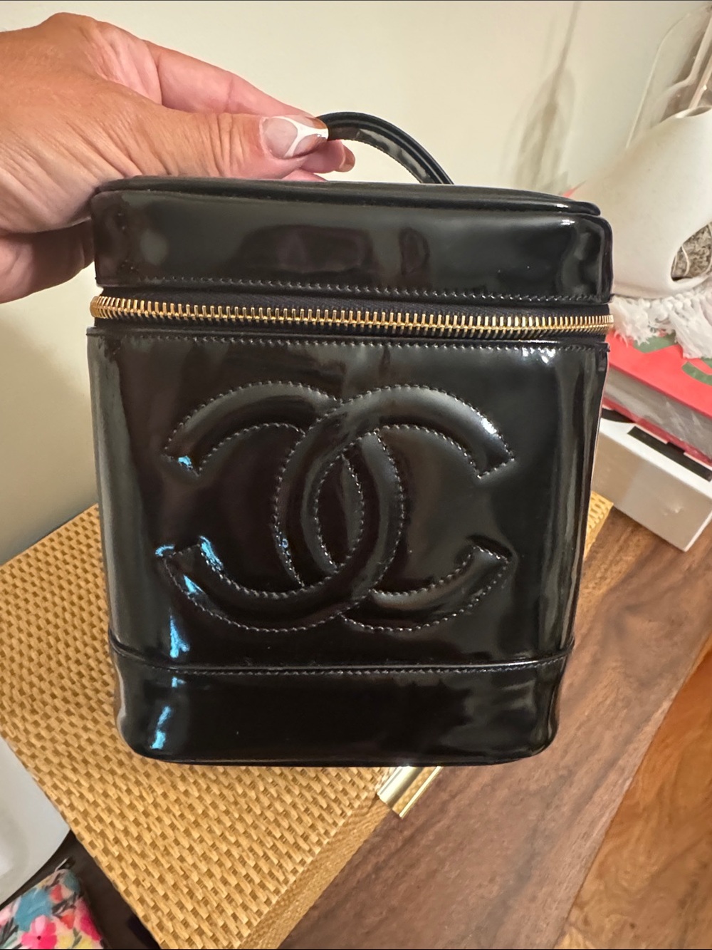 CHANEL Black Patent Leather Logo Vanity Case with Gold Zipper